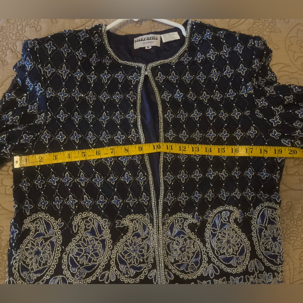 Vintage 1980’s Silky Nites Stunning Beaded Navy Blue Silk Evening Jacket, Size M - Picture 7 of 12
